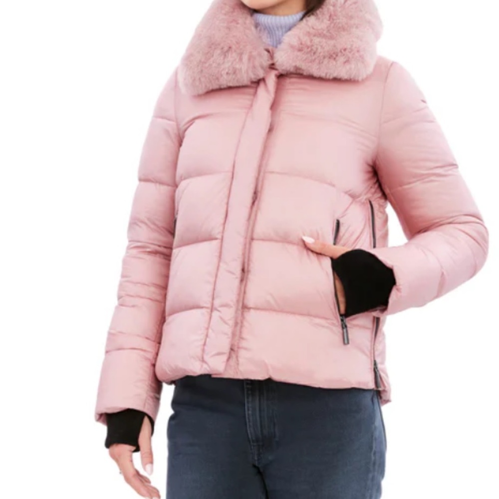 Dawn Levy Pink Puffer Jacket with Fur Collar